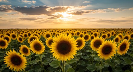 Fototapeta premium Vibrant Sunflower Field at Sunset with Golden Light and Dramatic Sky