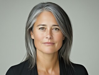 Fototapeta premium Serious older woman with gray hair in black suit and blazer, standing confidently with arms crossed and smiling, embodying professional elegance and mature power