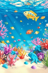 Colorful underwater scene with whimsical fish and vibrant corals showcasing marine life and a playful atmosphere