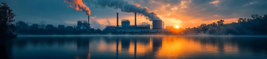 Industrial Factory Silhouetted by a Stunning Sunset. Generative AI