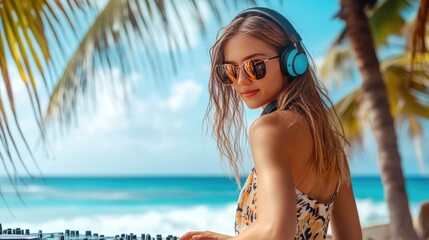 A talented DJ mixes music by the ocean, wearing headphones and sunglasses, surrounded by palm trees and beautiful waves at sunset