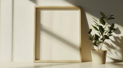 Sunlight Illuminates Minimalist Home Decor: Empty Frame and Plant