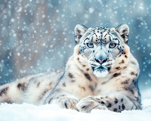 Obraz premium Majestic snow leopard resting in serene snowy landscape with falling snowflakes and soft focus background creating a tranquil winter scene
