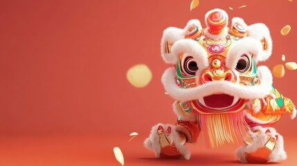 Obraz premium A colorful and festive lion dance costume on red background