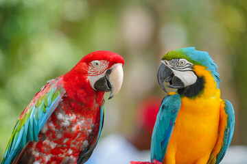 blue and gold macaw with greenwing macaw  free flying bird standing with green background