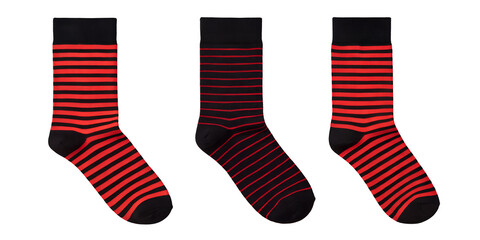 Black and Red Striped Socks in Three Styles on White - Cozy Fashion, Sock Collection, Comfortable Wear, Cut Out