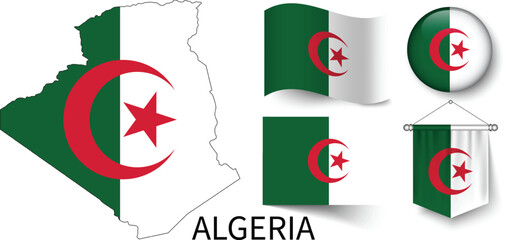 The different designs of Algeria's national flags and the map showing Algeria's borders
