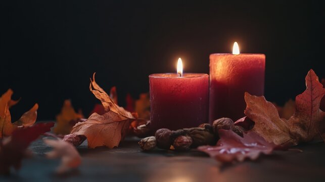Lit candles next to colorful autumn leaves creating a cozy atmosphere