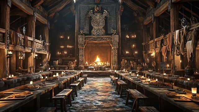 Cozy Viking Longhouse Interior with Warm Hearth and Rustic Decor