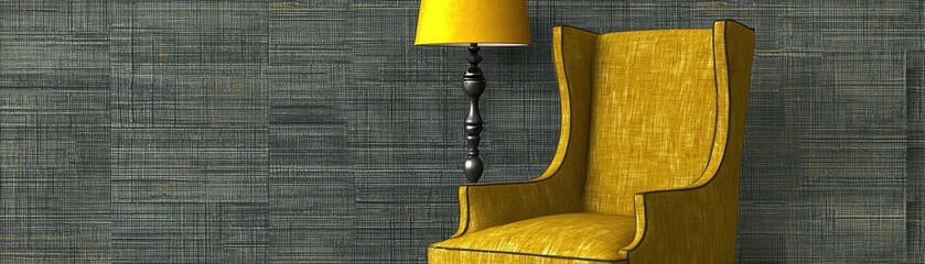Yellow wingback chair, lamp, textured wall