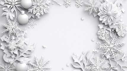 Winter Holiday Elements in White Snowflake and Floral Patterns with Decorative Ornaments on a Soft Background