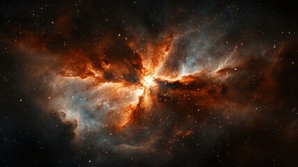Obraz premium A stunning cosmic scene showcasing vibrant clouds of gas and dust swirling in space, illuminated by starlight, creating a mesmerizing celestial display.