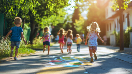 Group of kids running along a sunny neighborhood street with colorful chalk drawings on the sidewalk, enjoying outdoor play in a residential area