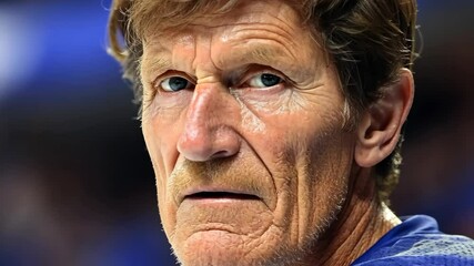 Experienced coach focused on the game at a sports event in a packed stadium during the evening match