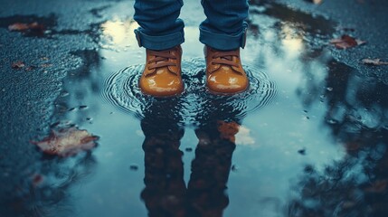 Child's boots splashing in autumn puddle