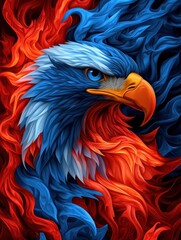 Fototapeta premium A vibrant, artistic depiction of an eagle with fiery red and blue flames in the background, showcasing strength and beauty.