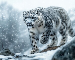 Fototapeta premium Majestic snow leopard walking through a snowy landscape showcasing its stunning fur patterns and piercing eyes in a serene winter environment