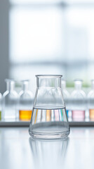 Transparent liquid inside erlenmeyer flask sitting on reflective surface, laboratory glassware blurring background, scientific research environment