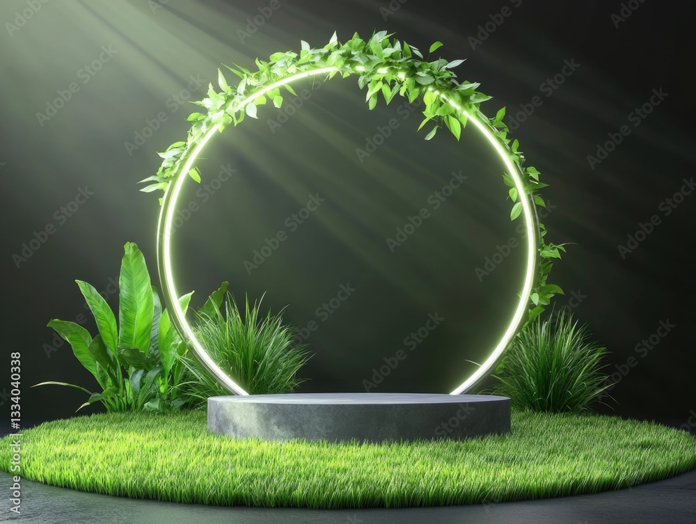 Poster a round concrete platform with a plant growing out of it, ideal for use in architecture or urban pla