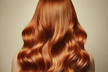 Fototapeta premium A back view of long auburn hair styled in waves, displayed on a clean backdrop for clarity.