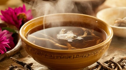 Steamy Herbal Broth: Close-up of Medicinal Roots Infused Soup with Rising Steam - Concept of Healthy Eating and Wellness
