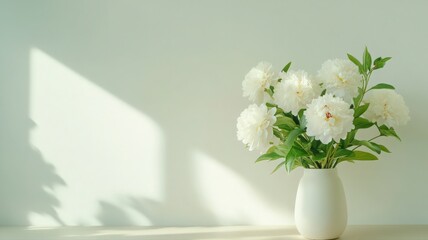 Fototapeta premium White Peonies in Sunlight Against a Green Wall