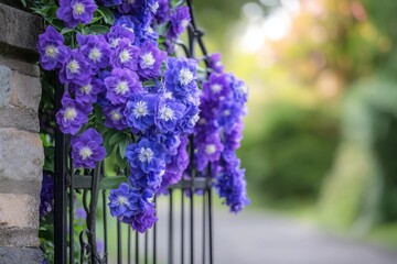 Obraz premium Purple Clematis flowers blooming on a gate in a garden