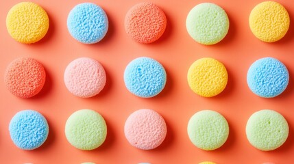 Colorful Round Sponges Arranged in Rows on Bright Background