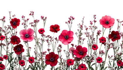 Red and pink poppy flowers without background flat lay