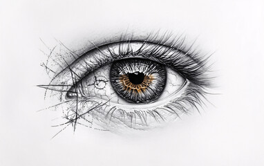 A detailed, artistic illustration of a human eye. The style combines sketch-like lines with subtle shading and highlights. The iris and pupil are clearly defined.