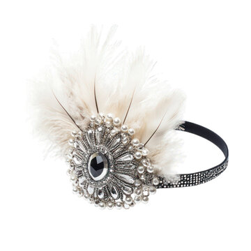 A 1920s flapper feathered headband with a beaded centerpiece and a soft satin band isolated on a white background.