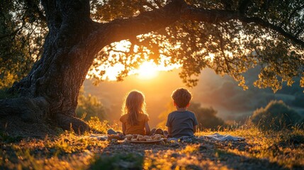 Sunset Picnic Siblings enjoying golden hour under olive tree