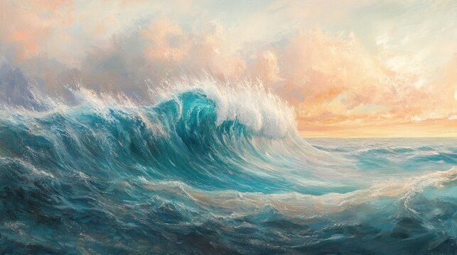 Vast ocean waves at sunset.  Detailed, vibrant colors and textures depict a powerful, yet serene,  oceanic scene