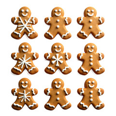Festive gingerbread man cookies with white royal icing. Holiday baking, Christmas treats, winter designs, and food blogs. Isolated on transparent background.