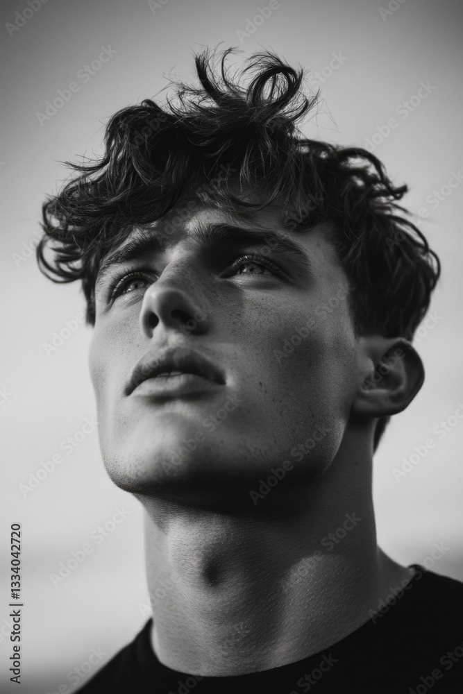 Poster a black and white portrait of a person with curly hair, suitable for use in editorial or creative co