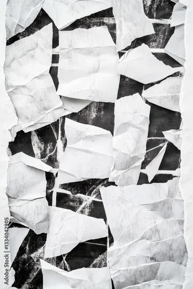 Poster close-up of torn paper fragments in black and white, can be used for creative projects or as a backg