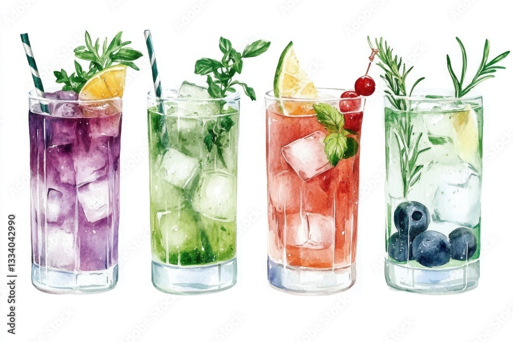 Poster A table setting with four glasses filled with various beverages