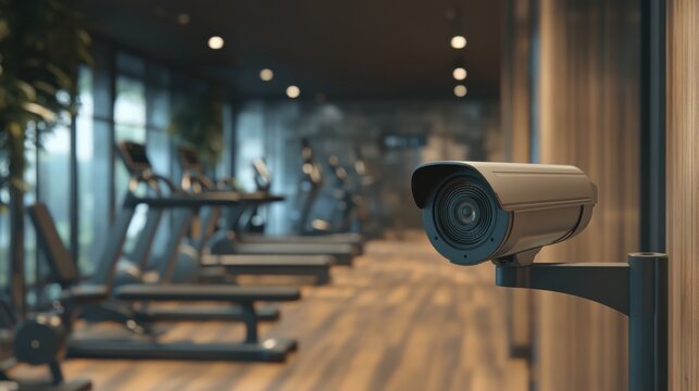 Modern Fitness Studio with Surveillance Camera and Treadmills in a Bright, Well-Lit Environment