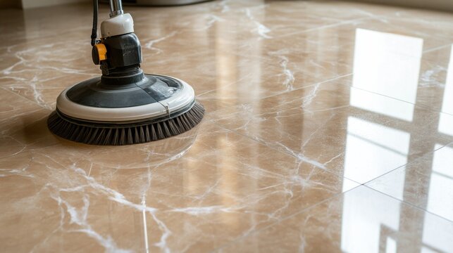 Professional Cleaning of Glossy Marble Floor with Electric Scrubber and Reflections in Modern Interior Space