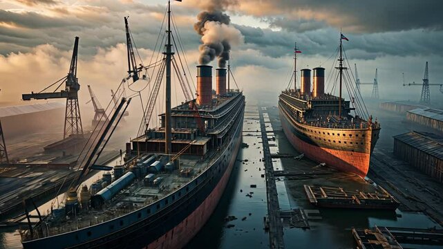 Historic Dockyard with Iconic Ocean Liners Under Dramatic Sky