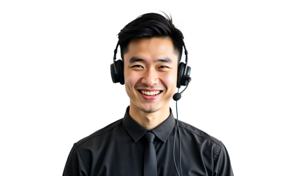 Smiling customer service representative with headset isolated on white. Professional man portrait for call center, business support. Isolated on transparent background.