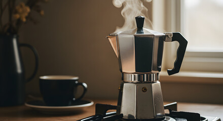 Italian coffee maker near a window that lets in light