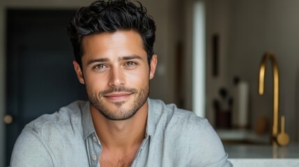 Fototapeta premium Handsome man smiles in modern home