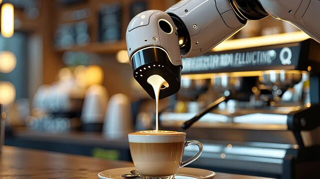 Advanced Robotic Arm Pouring Steamed Milk into a Coffee Cup in a Futuristic Automated Caf&eacute; with Smart Technology

