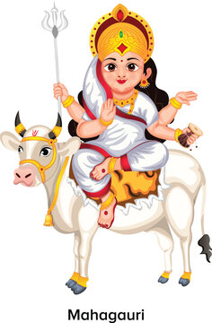 Maa Mahagauri Worship on the Eighth Day of Navratri Character Vector Illustration