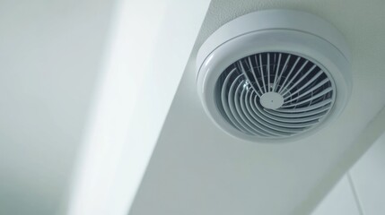 A bathroom exhaust fan mounted on the ceiling of a bathroom, suitable for use in interior design and real estate photography