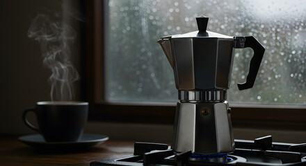 Italian coffee maker near a window that lets in light