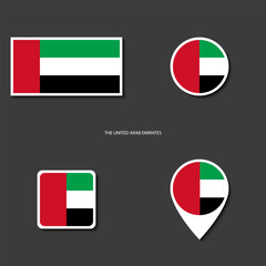 United Arab Emirates (UAE) flag icon set in different shape (rectangle, circle, square and marker icon) on dark grey background. United Arab Emirates sticker icon collection on barely dark background	