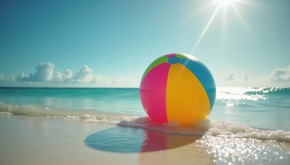 Obraz premium Brightly colored beach ball sits on sand near ocean with summer vacation against sunny background