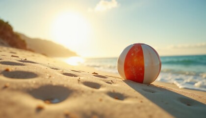 Red and white beach ball on sandy beach with peaceful mood at sunset